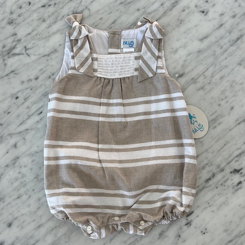 New Luli & Me Baby Girls Linen Stripe Bubble with Bow Shoulders Khaki and White